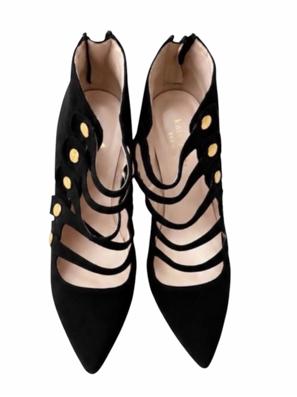Kate Spade Black Multi-Strap Pointed Toe Heels with Gold Buttons Size 6.5
